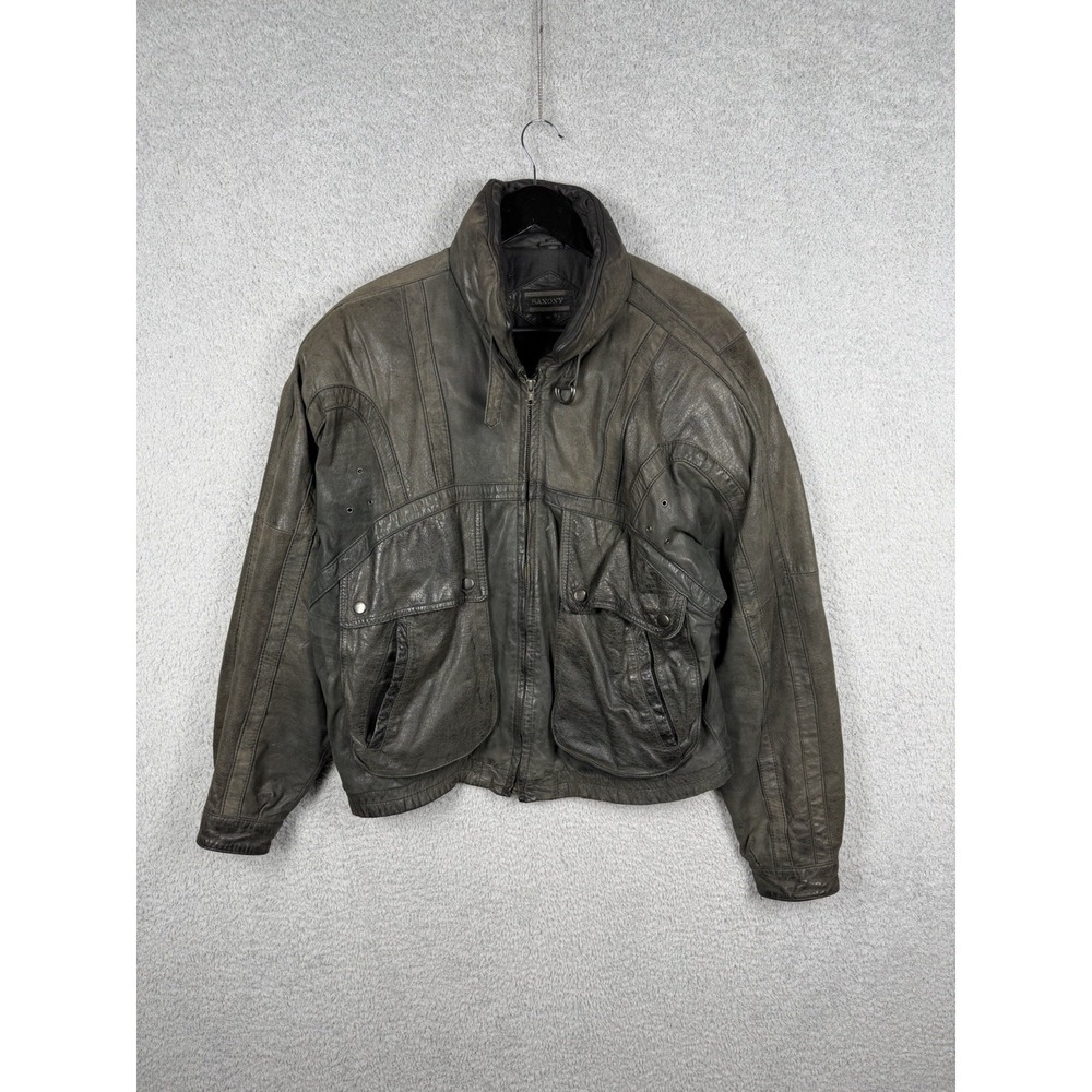 Vintage Saxony Leather Bomber Jacket Men's Size 42 Black Faded Zip Pockets